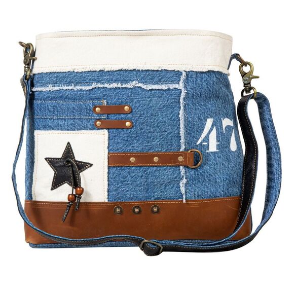 Myra Bag Handmade Country Shoulder Bag Upcycled Canvas & Cowhide Leather - Picture 2 of 16